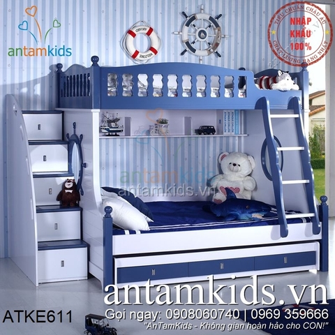 Giường 3 tầng Trẻ em màu xanh cá tính cực đẹp ATKE611