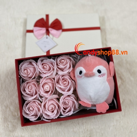 Set Hộp quà hoa hồng sáp 9 bông & chim cánh cụt V3
