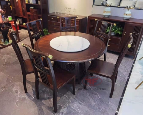 BỘ BÀN ĂN TRÒN 6 GHẾ INDOCHINE MÂM XOAY MẶT ĐÁ
