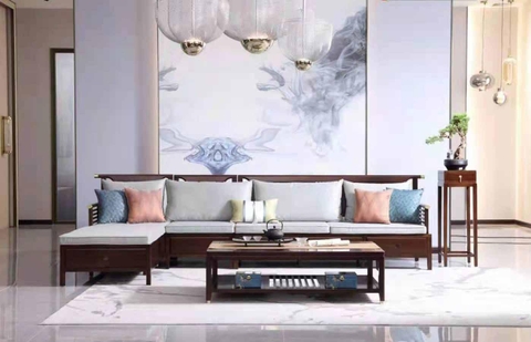 BỘ SOFA GÓC INDOCHINE GỖ TỰ NHIÊN, BỌC DA THẬT