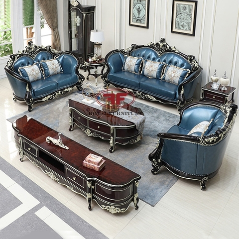 SOFA MÀU XANH DƯƠNG TÂN CỔ ĐIỂN GỖ TỰ NHIÊN G9930
