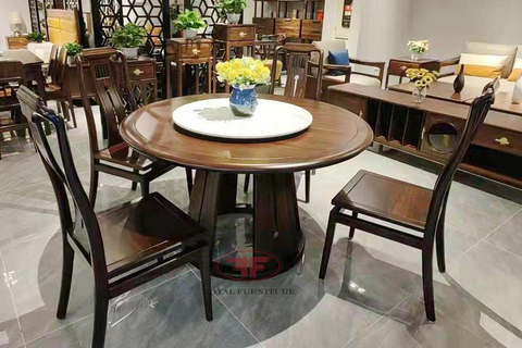 BỘ BÀN ĂN TRÒN INDOCHINE MẶT ĐÁ MÂM XOAY KẾT HỢP 6 GHẾ