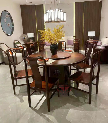 BỘ BÀN ĂN TRÒN INDOCHINE MẶT GỖ CÓ MÂM XOAY 6 GHẾ