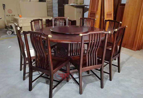 BỘ BÀN ĂN TRÒN INDOCHINE 1M5 MẶT GỖ MÂM XOAY KẾT HỢP 8 GHẾ