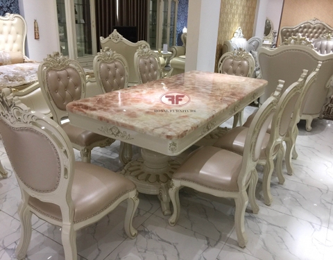 BỘ BÀN ĂN MẶT ĐÁ TỰ NHIÊN TÂN CỔ ĐIỂN 2M2 - MẶT ĐÁ HỒNG NGỌC CAO CẤP