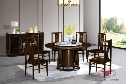 BỘ BÀN ĂN TRÒN MẶT GỖ XOAY INDOCHINE GỖ ÓC CHÓ 6 GHẾ 2368