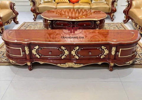 KỆ TIVI TÂN CỔ ĐIỂN DÁT VÀNG GỖ TỰ NHIÊN DÁNG CONG G923