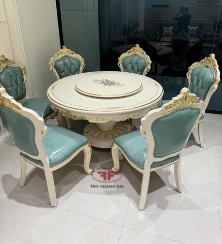 BỘ BÀN ĂN TRÒN XOAY TÂN CỔ ĐIỂN 6 GHẾ DÁT VÀNG DA XANH NỔI BẬT 962B
