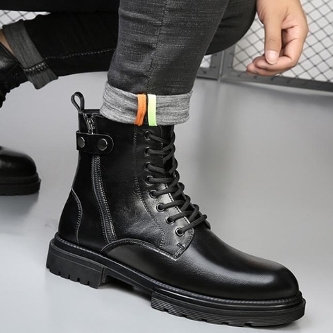 Giày Boot Nam Khóa Kéo BUSI Da Đen Cổ Cao Đế Răng Cưa – Phong Cách Lịch Lãm, Nam Tính, Dễ Phối Đồ GN504