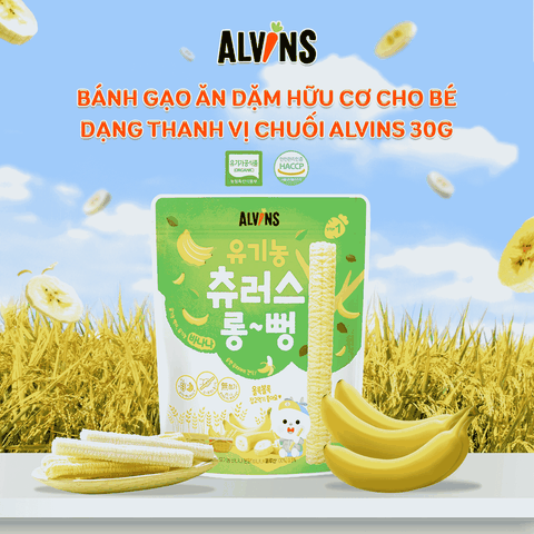 Bánh gạo ăn dặm hữu cơ cho bé dạng thanh vị chuối Alvins 30g
