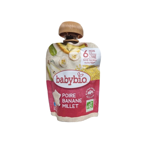 Trái cây nghiền hữu cơ cho bé vị lê, chuối, hạt kê Babybio 90g (≥ 6 tháng)
