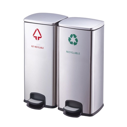 Thùng đựng rác inox đạp chân vuông 2 ngăn phân loại rác 60L