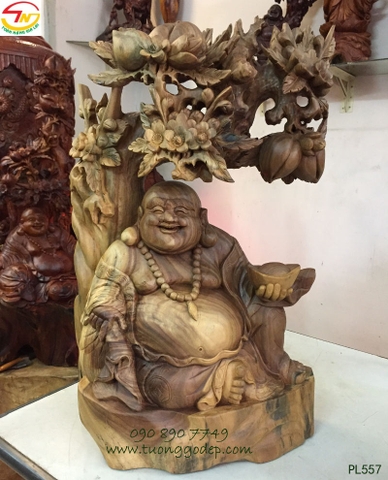 Phật Di Lặc ngồi cây đào, gỗ đổi màu - PL557