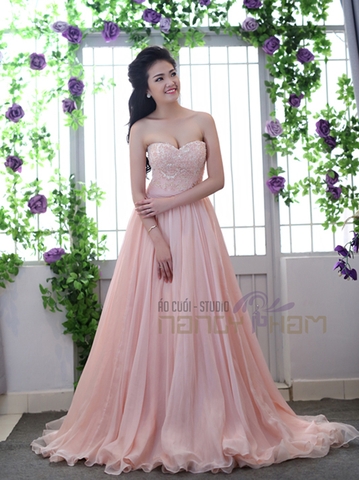 Váy cưới hồng pastel chữ A