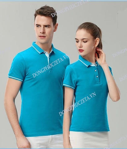 Áo phông đồng phục công ty đẹp cao cấp màu xanh da trời, ngắn tay dáng slimfit cho nhân viên