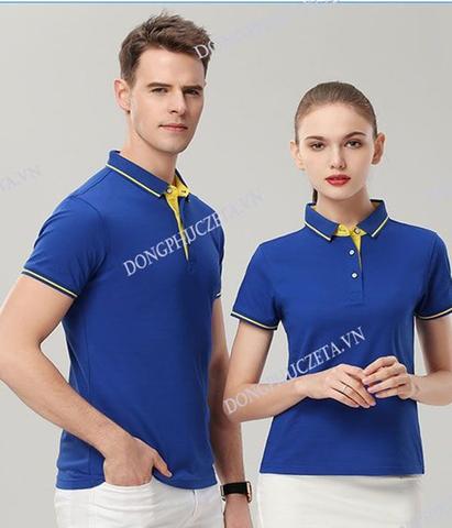 Áo phông đồng phục công ty đẹp cao cấp màu xanh dương, ngắn tay dáng slimfit cho nhân viên