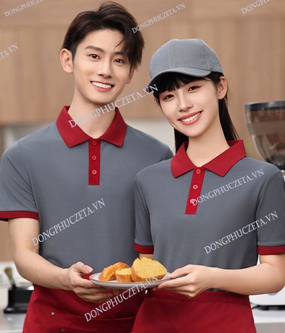 Mẫu Áo Phông Đồng Phục Nhà Hàng Màu Ghi Phối Đỏ – Hiện Đại, Nổi Bật Và Chuyên Nghiệp