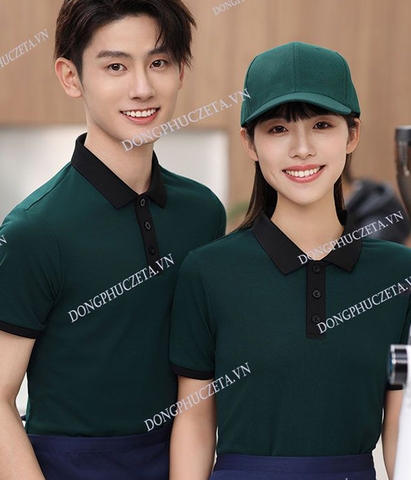 Mẫu Áo Phông Đồng Phục Nhà Hàng Màu xanh cổ vịt Phối đen – Thiết Kế Sang Trọng, Dễ Gây Thiện Cảm!