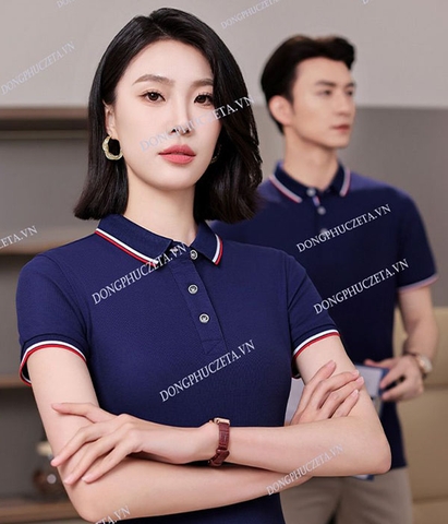 Áo Đồng Phục Công Ty PiqueCool màu xanh đen phối viền cổ đỏ trắng