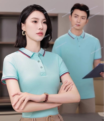 Mẫu Áo Đồng Phục Công Ty PiqueCool màu xanh ngọc phối lé đỏ đen