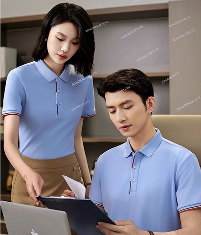 Áo Đồng Phục Công ty PiqueCool Pro màu xanh thiên thanh Phối Lé đỏ đen