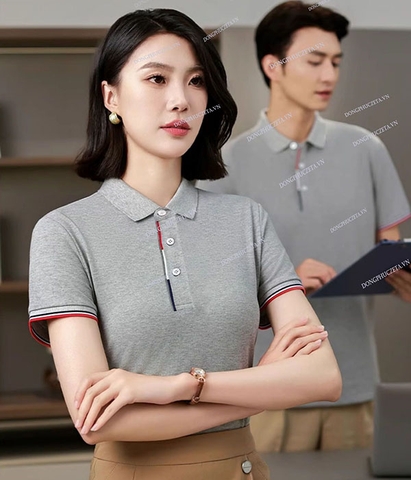 Áo Đồng Phục Công ty PiqueCool Pro màu xám lợt Phối Lé đỏ đen