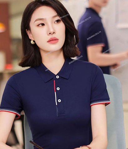 Áo Đồng Phục Công Ty PiqueCool màu xanh đen phối lé đỏ trắng
