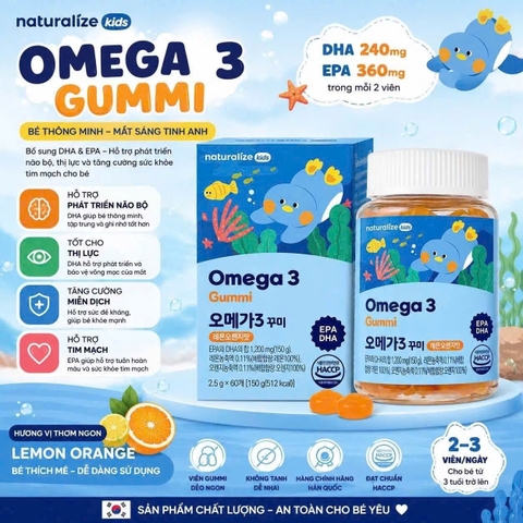 Kẹo Dẻo Hỗ Trợ Phát Triển Trí Não Naturalize Omega-3 Gummi Vị Cam - Chanh Cho Bé 3Y+ 60 Viên- Hàn Quốc