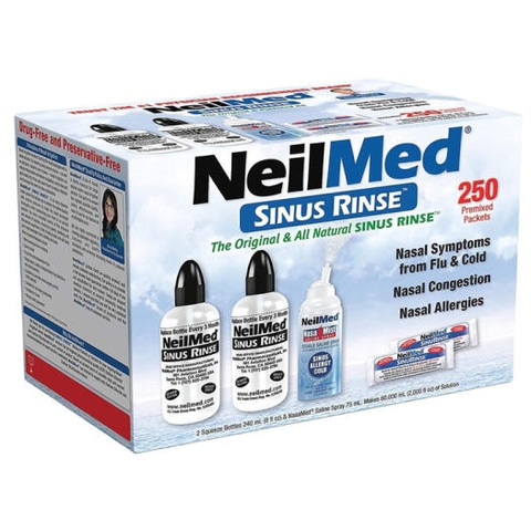 sale Muối sinh lý dạng bột pha nước rửa mũi NeilMed hộp 250 gói của Mỹ (kèm 2 bình 240ml + 1 chai xịt mũi)