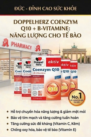 Viên uống Aktiv Doppelherz Coenzym Q10 - Bổ sung CoQ10 và Vitamin B1, B6, B12 hỗ trợ sức khỏe tim mạch, giảm mệt mỏi - 30 viên Date Xa NK