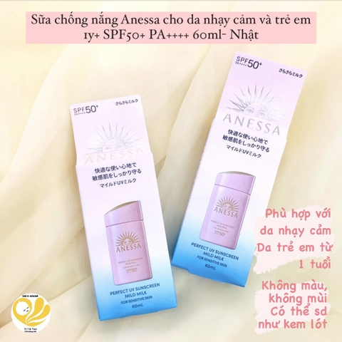 Sữa chống nắng Anessa Perfrect Uv Sunscreen Mild Milk cho da nhạy cảm và trẻ em 1y+ SPF50 60ml- Nhật