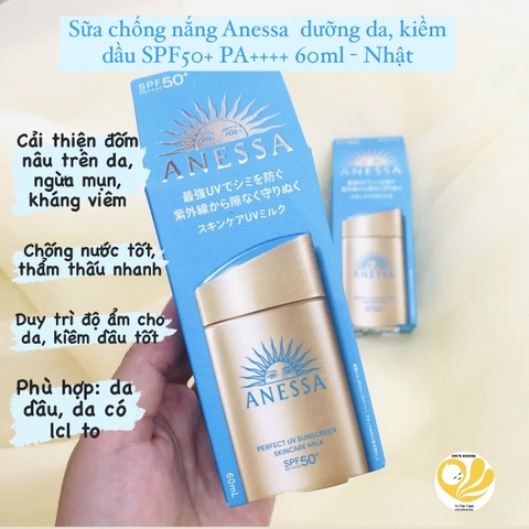 Sữa chống nắng Anessa Perfect UV Sunscreen Skincare Milk dưỡng da, kiềm dầu SPF50 60ml (mẫu mới)- Nhật
