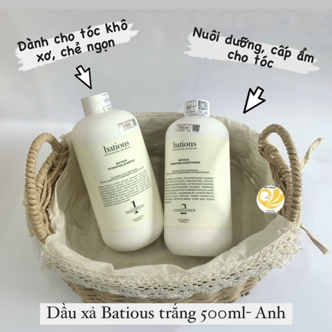 Dầu gội xả Batious Hydrating tóc khô xơ, dưỡng ẩm tóc, phục hồi chẻ ngọn 500ml màu trắng- Anh