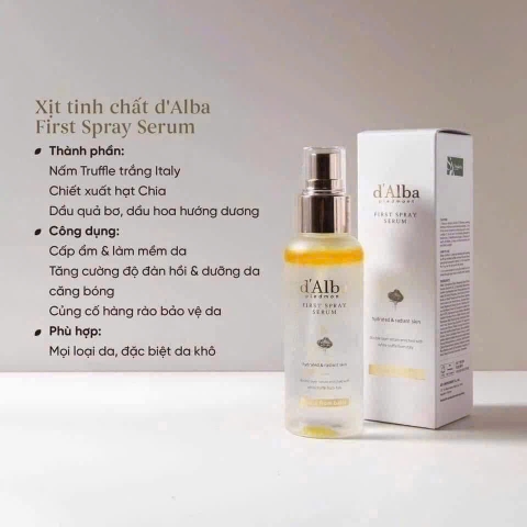 Serum dạng Xịt khoáng dưỡng ẩm, căng bóng da D'Alba White Truffle First Spray màu vàng 100ml- Hàn Quốc