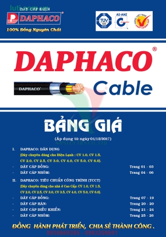 BẢNG GIÁ DÂY CÁP ĐIỆN DAPHACO 2017 - CHIẾT KHẤU ĐẾN 30%