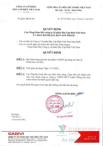 CATALOGUE BẢNG GIÁ DÂY ĐIỆN CADIVI (THÁNG 05/2021)
