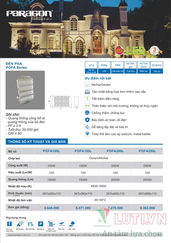 CATALOGUE BẢNG GIÁ ĐÈN LED PARAGON 2021-2022