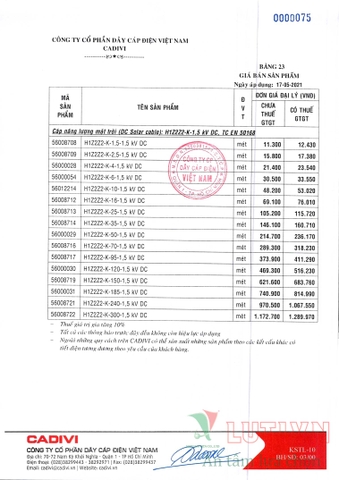 CATALOGUE BẢNG GIÁ DÂY ĐIỆN CADIVI (THÁNG 05/2021)