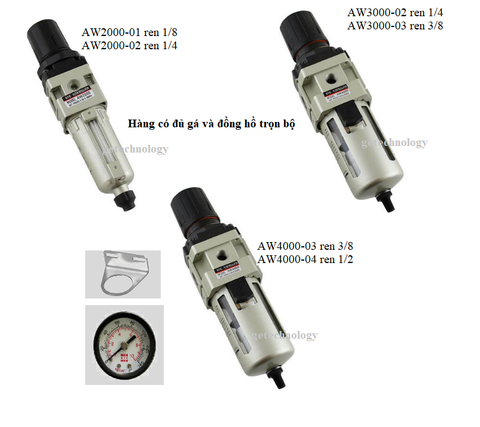 Bộ lọc khí AW2000-02, AW3000-03, AW4000-04 có kèm gá và đồng hồ