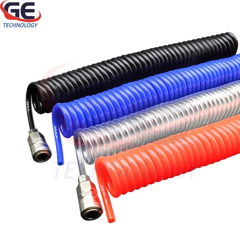 Ống dây khí xoắn PU phi 4, phi 6, phi 8, phi 10, phi 12 dài 3m, 6m, 9m, 12m, 15m kèm sẵn đầu nối thương hiệu AKS