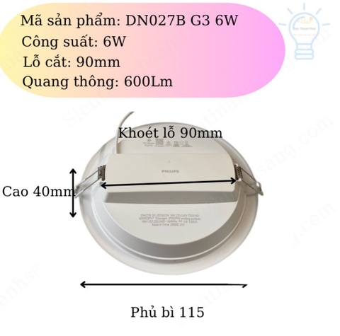 Đèn LED Âm Trần Philips DN027B G3 LED6 6W 220-240V D90 RD khoét lỗ 90 mm