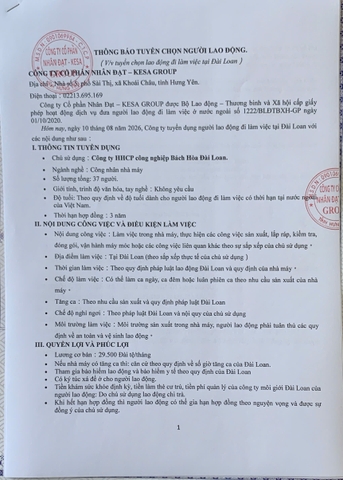 Công ty HHCP công nghiệp Bách Hòa Đài Loan 10/8/2026
