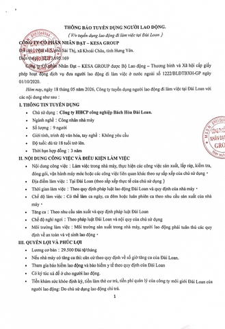 Cty HHCP công nghiệp Bách Hòa Đài Loan 18/5/2026