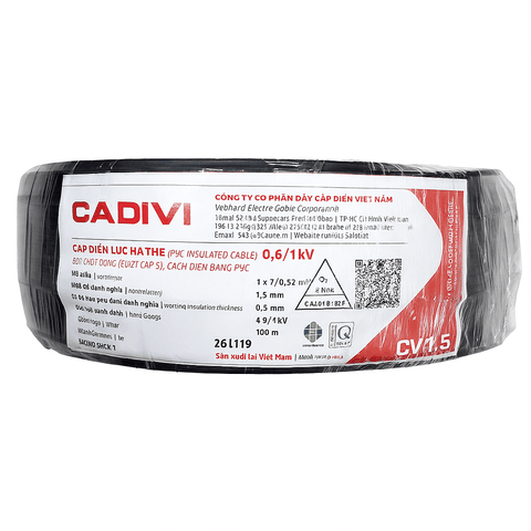 DÂY ĐIỆN ĐƠN CADIVI CV-1.5 1.5MM² MÀU ĐEN