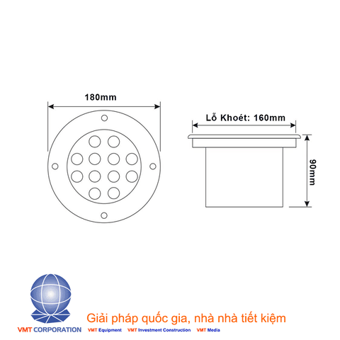 Kích thước đèn led âm đất 12W Vàng