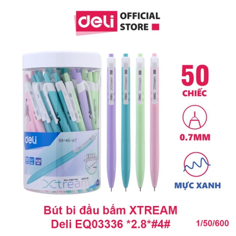 Bút Bi Đầu Bấm XTREAM 0.7mm (Xanh) 50c/cốc DELI EQ03336