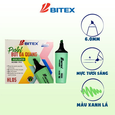 Bút dạ quang Pastel mực xanh lá - HL05 BITEX (12cây - hộp)