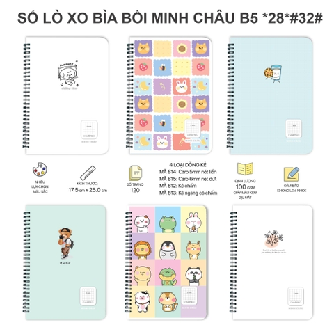 Sổ Lò xo bìa bồi B5, 120 trang (Kẻ vuông đứt 6mm) MC 815
