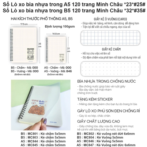 Sổ Lò xo bìa nhựa trong B5+(Kẻ ngang có chấm), 120 trang MC 801