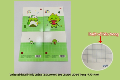 Vở học sinh DELI 4 ô ly vuông (2.0x2.0mm) 80g CNA96-LID 96 Trang